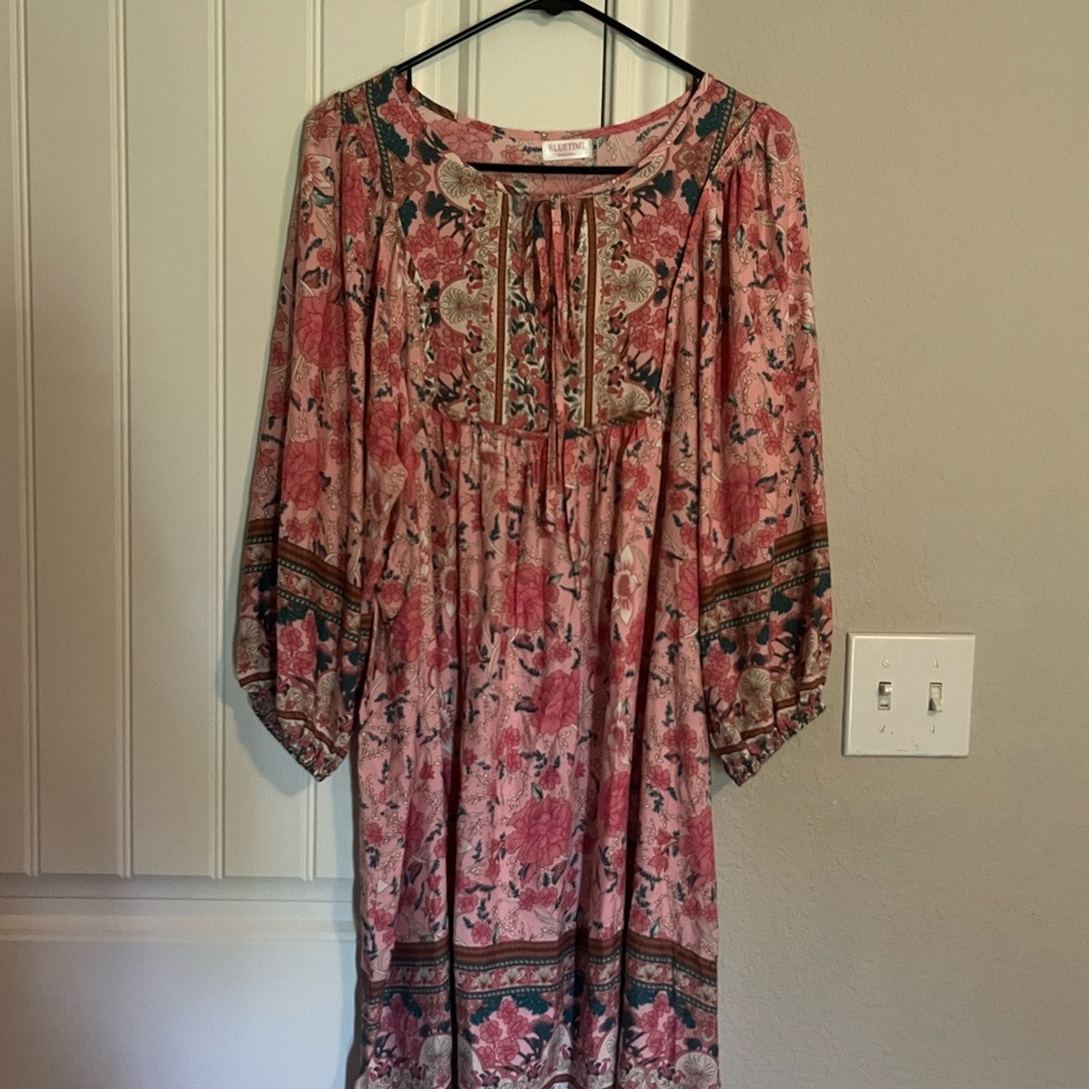 Casual Pink and Orange Ruffled Sundress with 3/4 Bishop Sleeves